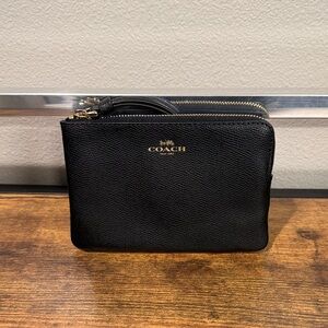 Coach Black Pebbled Leather Double Zip Wristlet with Gold Logo